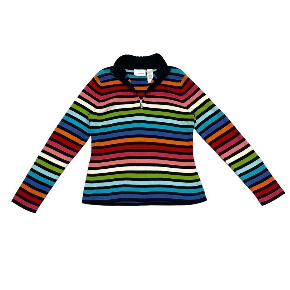 Liz Claiborne striped knitted sweater size M colourful half zip vintage